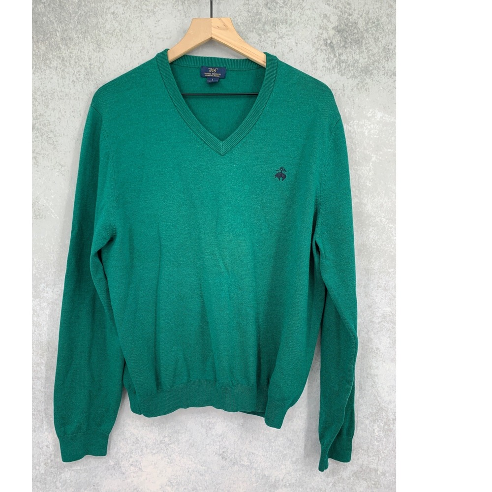Brooks Brothers Sweater Mens Large Green Merino Wool V-Neck Pullover Lightweight